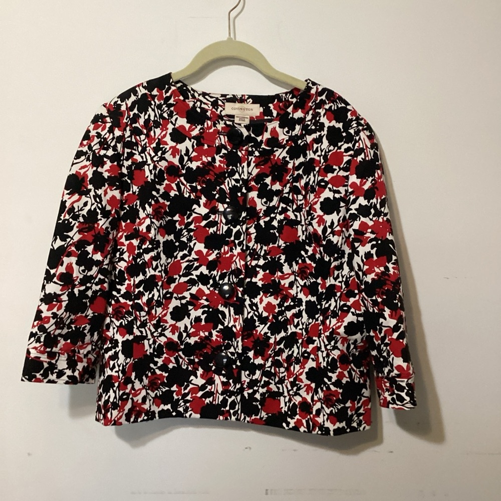 Vintage Y2k Covington Button-Up Jacket Black Red & White 3/4 Sleeve Size L